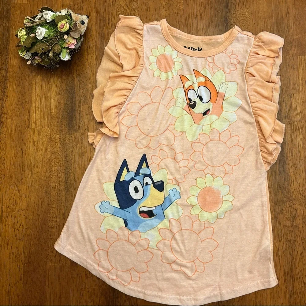 Bluey & Bingo Sunflower Nightgown | 4T | Ruffle Sleeve Spring/Summer Pajamas